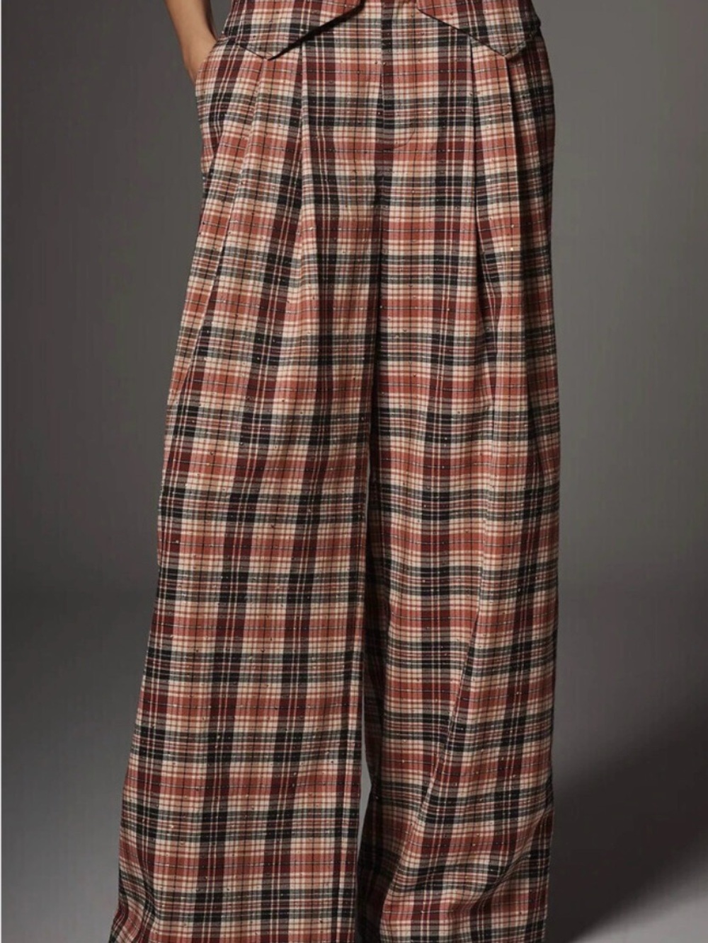 Maeve Rust Plaid Wide-Leg Pleated Trousers - Picture 2 of 3